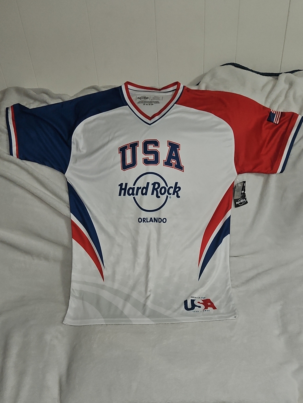 Hard Rock Cafe White Jersey with Red & Blue Trim